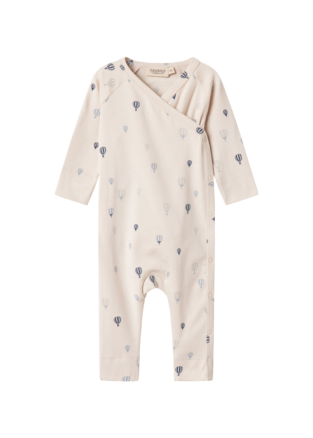 Babyheldragt i offwhite med blå ballonprint og knapper foran