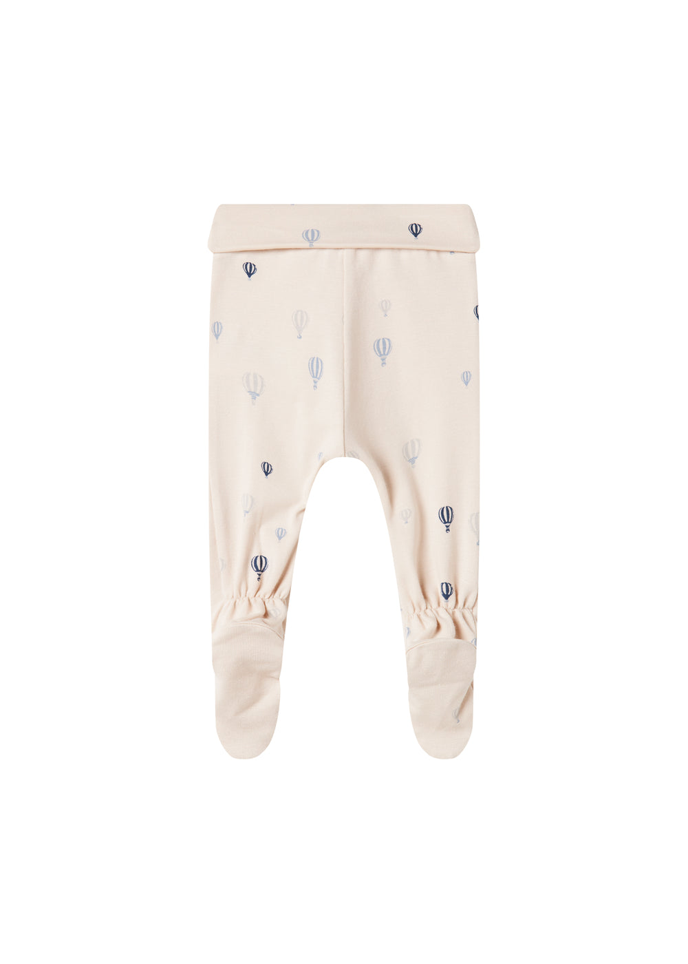 Babybukser med fødder i creme og blå luftballonprint, rynk ved benåbning