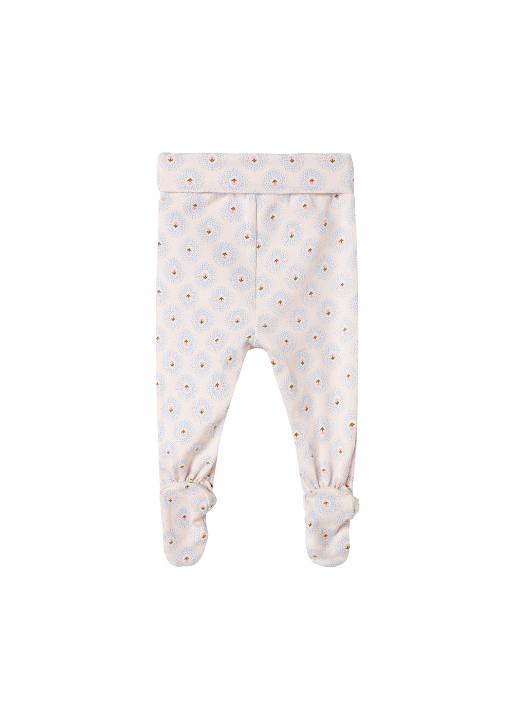 Pixa-bukser til baby med fødder, offwhite med gentaget tulipan- og prikmønster