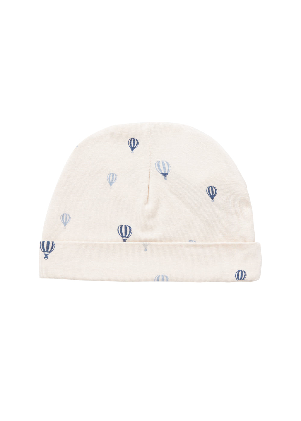 Off-white babyhue med blå luftballoner over hele og lille kant nederst