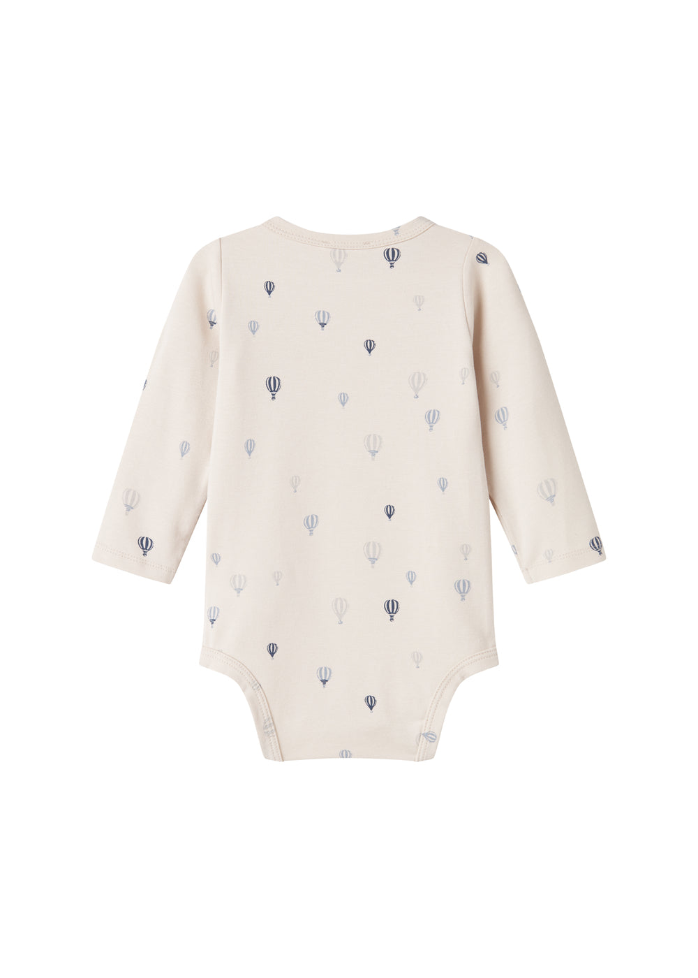 Beige bodystocking med lange ærmer og gentaget blå luftballonmønster, rund hals.