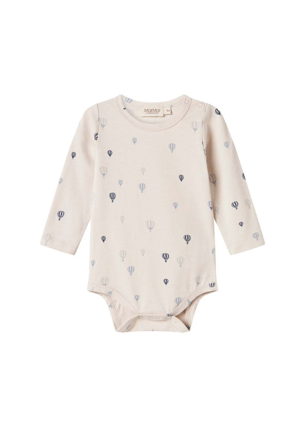 Beige bodystocking med lange ærmer og blå luftballonprint, hel længde med benlukning.