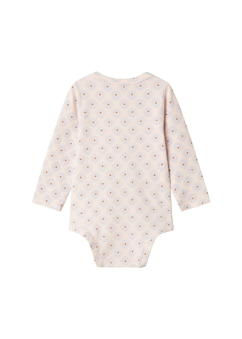Hvid bodystocking til baby med lange ærmer og små tulipanmønstre