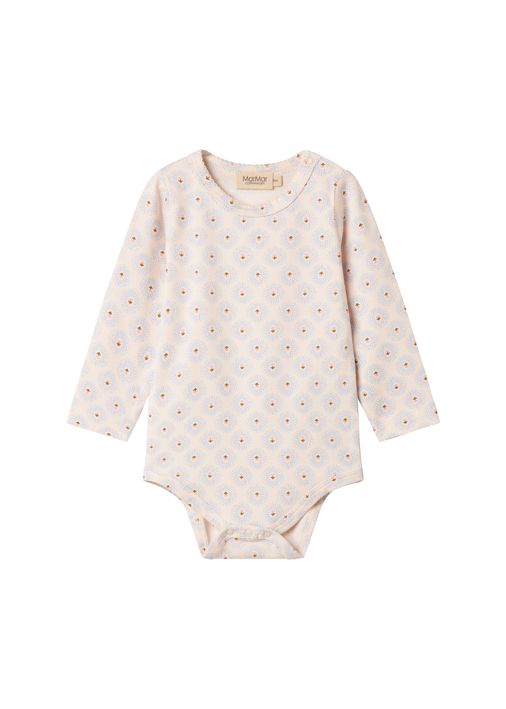 Lyse bodystocking til baby med lange ærmer og mønster af små tulipaner