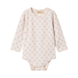 Lyse bodystocking til baby med lange ærmer og mønster af små tulipaner