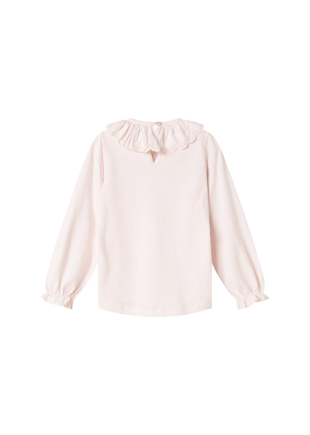 Flæsebluse i lys rosa med rynket krave bagpå og lange ærmer