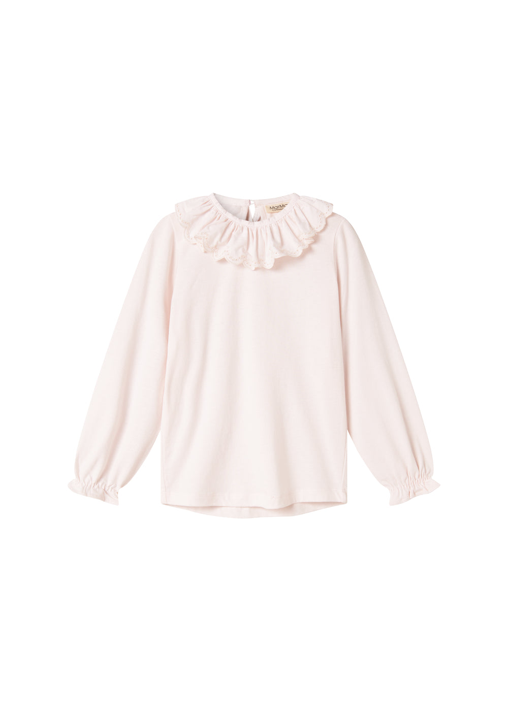 Flæsebluse i lys rosa med flæsekrave og lange ærmer