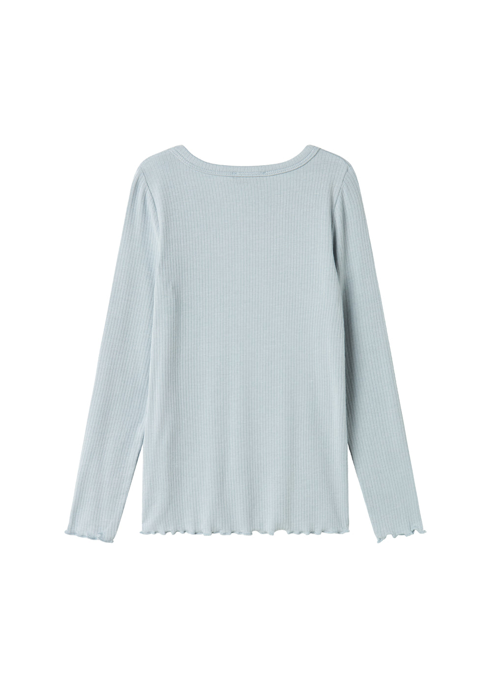 Lyseblå langærmet T-shirt set bagfra med rund hals og ribbet struktur