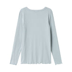 Lyseblå langærmet T-shirt set bagfra med rund hals og ribbet struktur