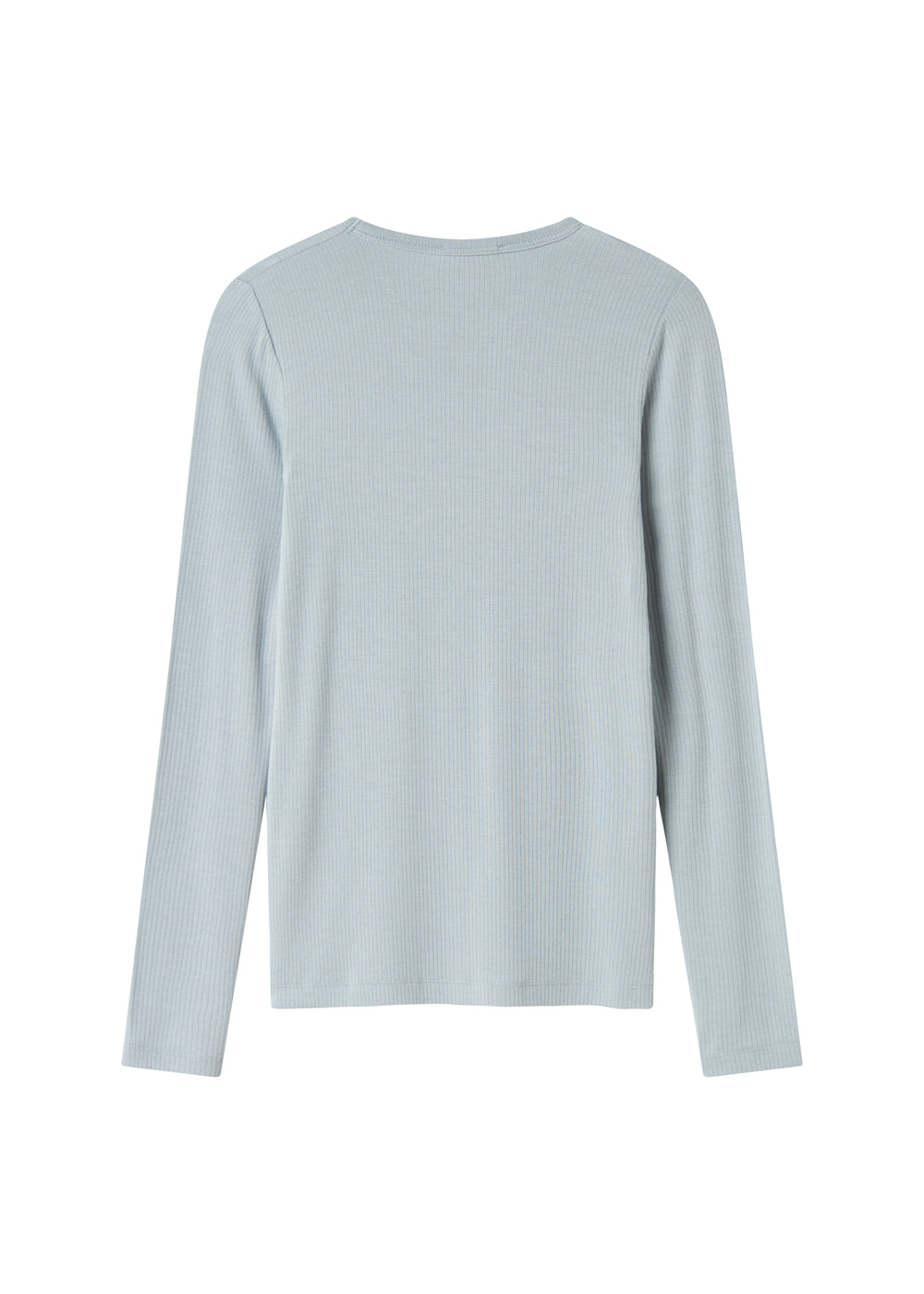 Lyseblå T-shirt med lange ærmer og rund hals, set bagfra