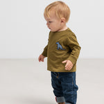 Langærmet olivenfarvet T-shirt til børn med dino-patch på siden