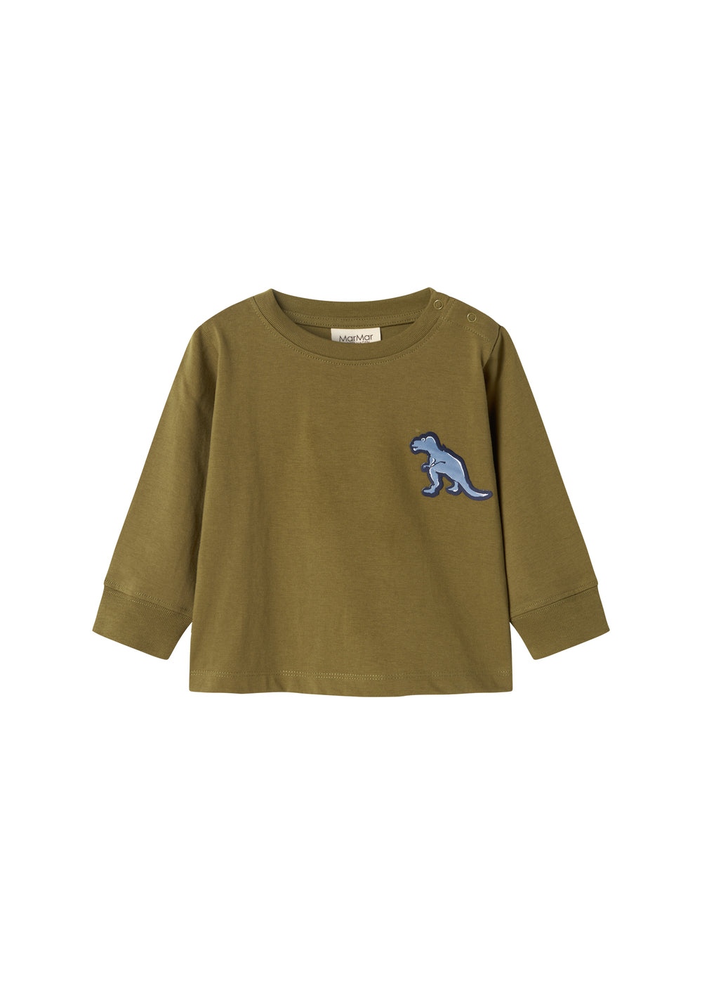 Langærmet oliven T-shirt med blå dino-patch foran og ribkant ved hals