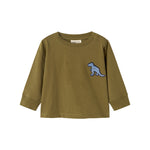Langærmet oliven T-shirt med blå dino-patch foran og ribkant ved hals