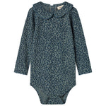 Grøn leopardmønstret babybody med lange ærmer og krave