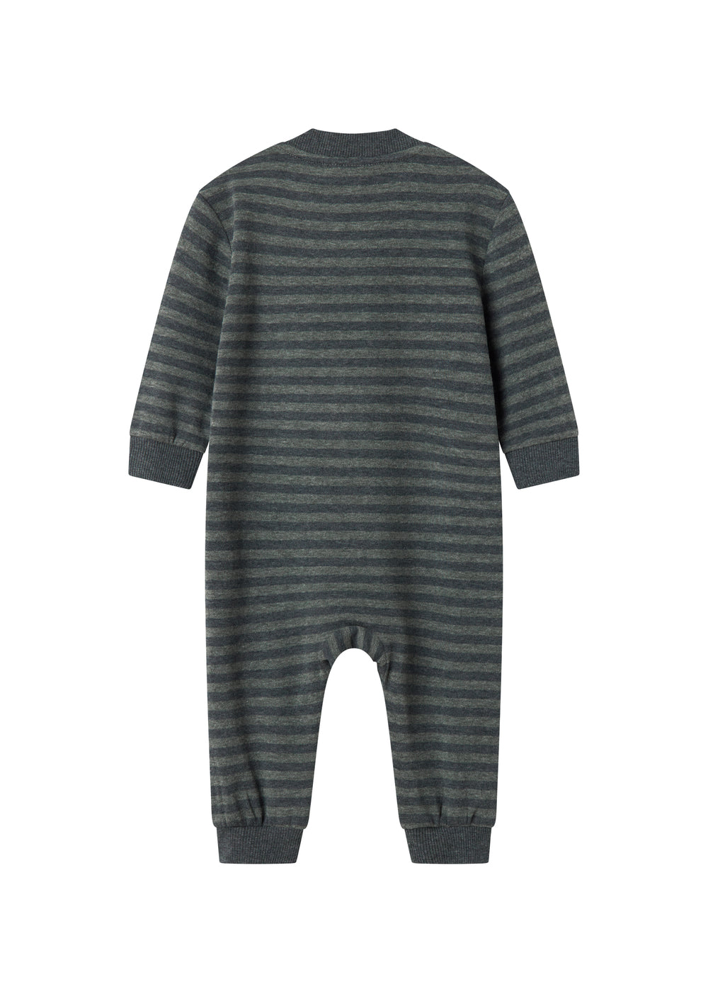 Heldragt til baby med lange ærmer og ben i mørke striber, hel ryg.