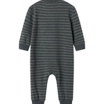 Heldragt til baby med lange ærmer og ben i mørke striber, hel ryg.
