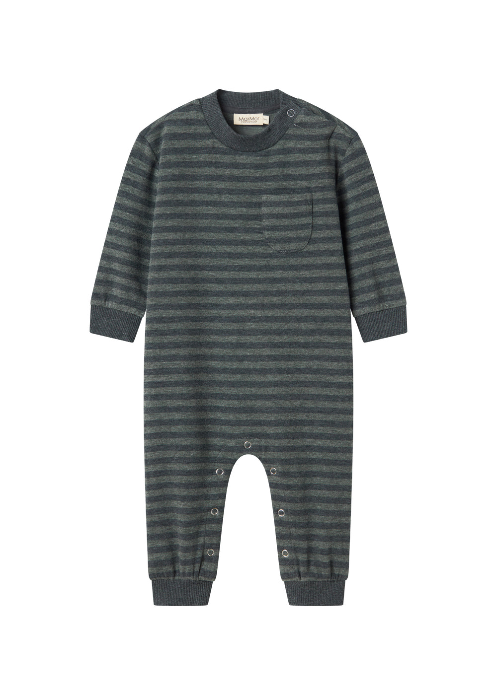 Heldragt til baby med lange ærmer og ben, mørk stribet jersey og fødder.