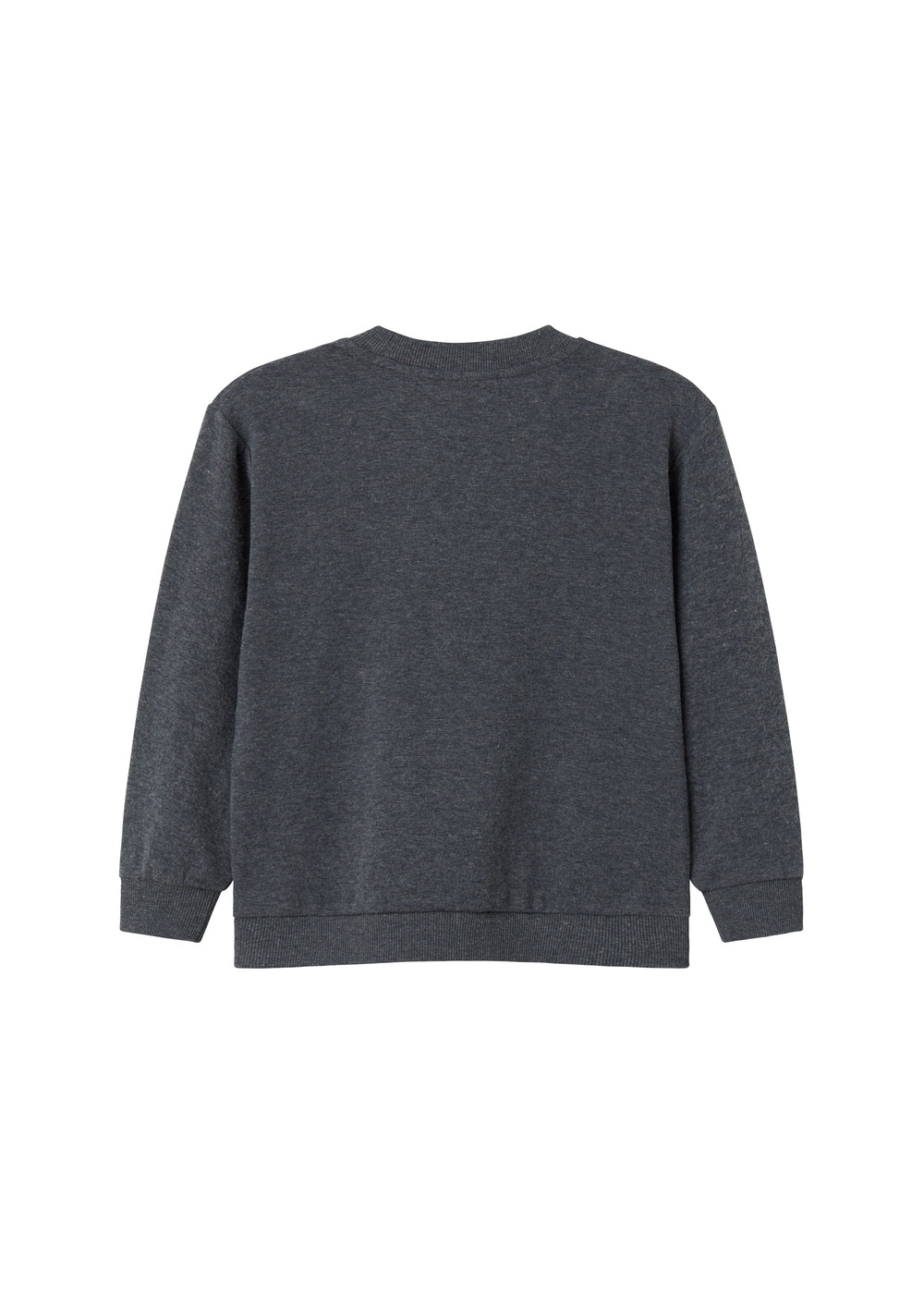 Mørk grå meleret børnesweater med lange ærmer og rund hals (ryg)