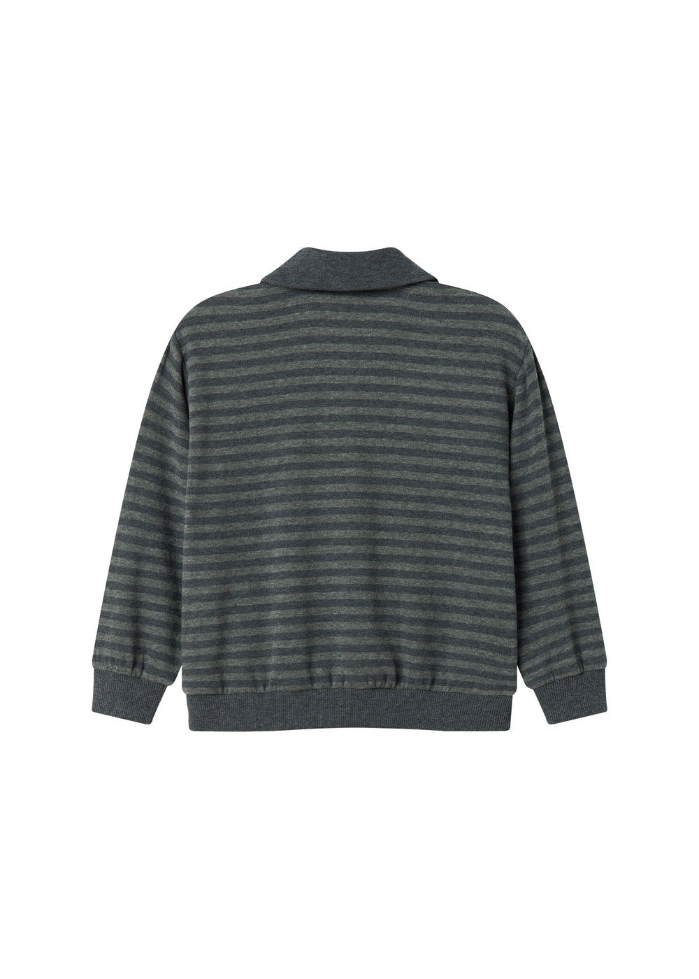 Polo-bluse med mørke striber, ribkant og lange ærmer set bagfra
