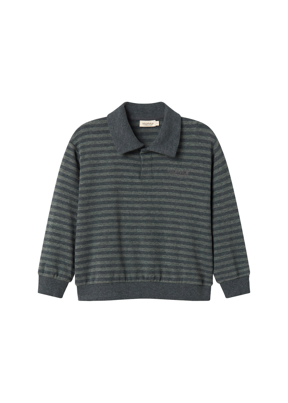 Ribstrikket polo-bluse med mørke striber, grågrøn farvetone og lange ærmer