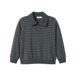 Ribstrikket polo-bluse med mørke striber, grågrøn farvetone og lange ærmer