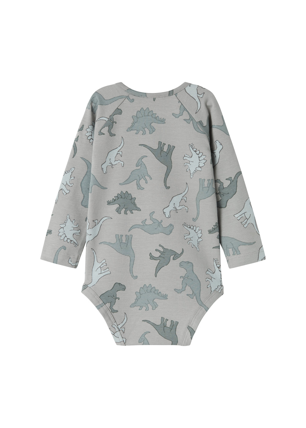 Grå langærmet bodystocking med dino-jungleprint og hel forside