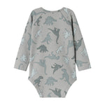 Grå langærmet bodystocking med dino-jungleprint og hel forside