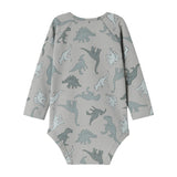 Grå langærmet bodystocking med dino-jungleprint og hel forside
