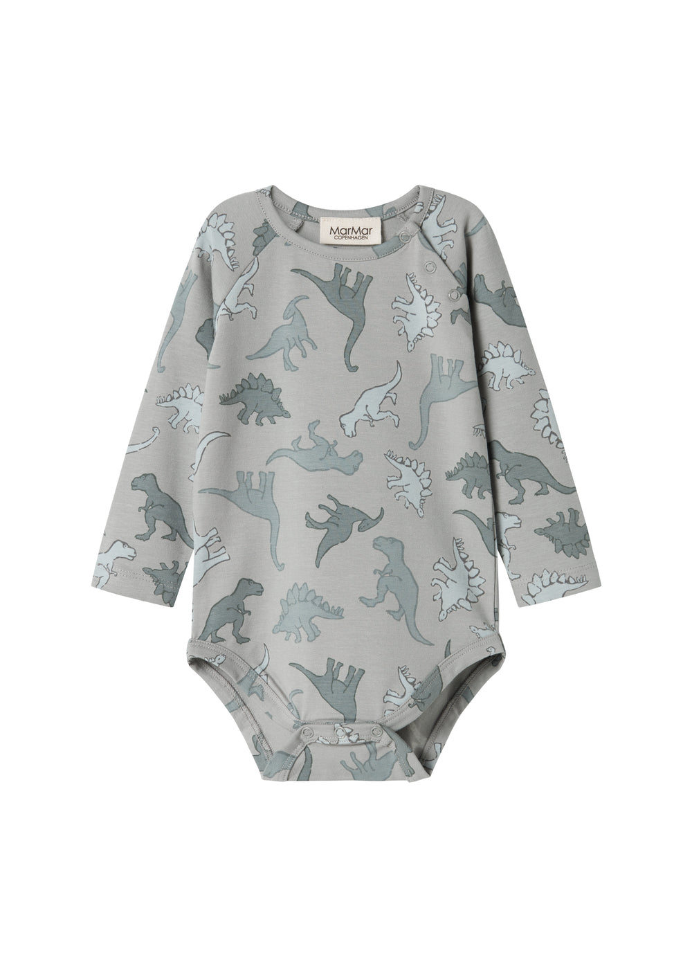 Grå langærmet bodystocking med dino-jungleprint og rund hals