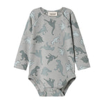 Grå langærmet bodystocking med dino-jungleprint og rund hals