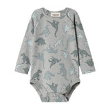 Grå langærmet bodystocking med dino-jungleprint og rund hals