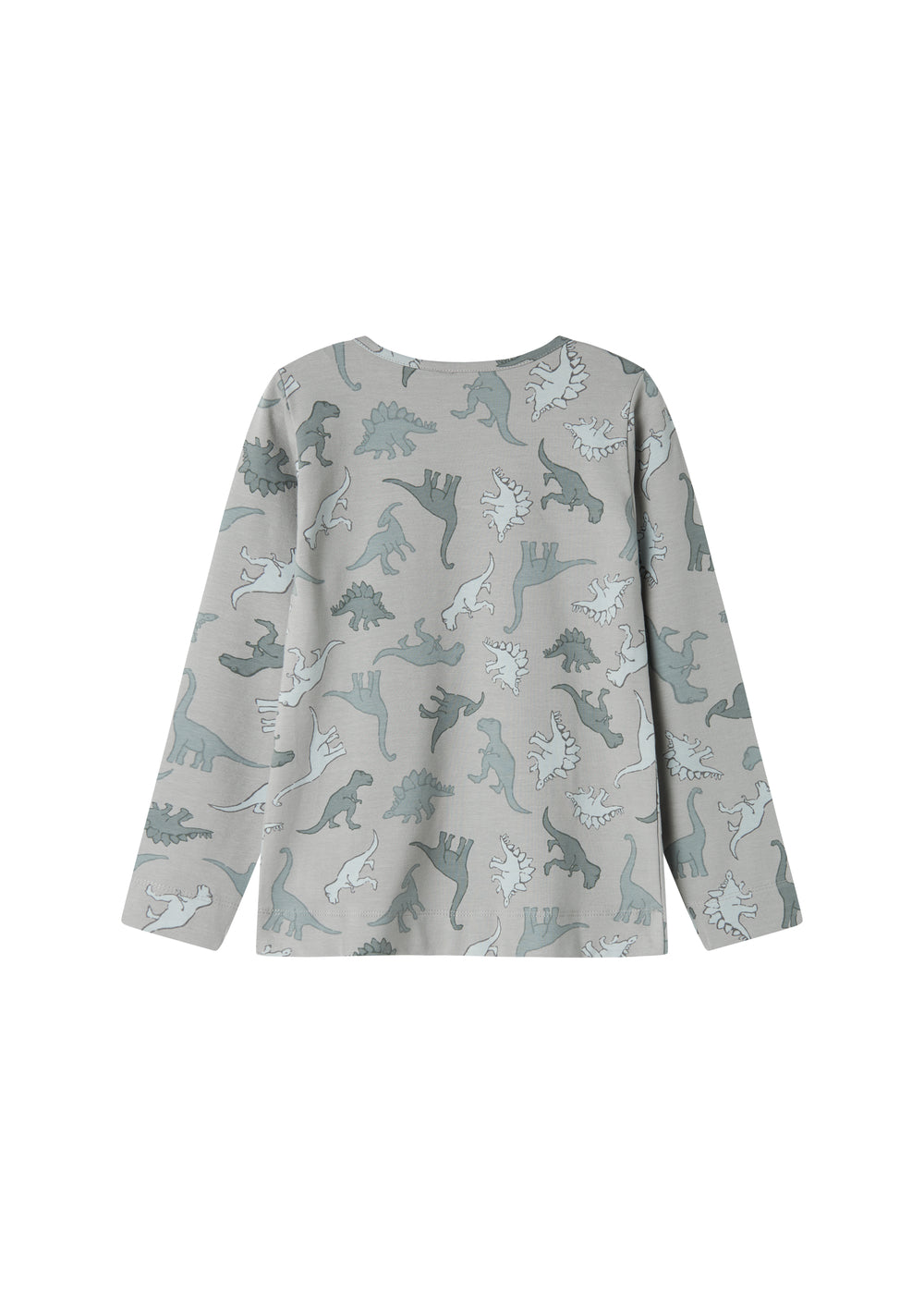 Langærmet T-shirt i lys grå med gentaget dino-print over hele forsiden.