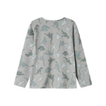 Langærmet T-shirt i lys grå med gentaget dino-print over hele forsiden.