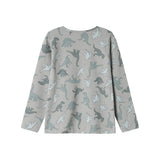 Langærmet T-shirt i lys grå med gentaget dino-print over hele forsiden.