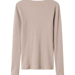 Beige ribstrikket t-shirt til dame med lange ærmer