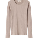 Beige rippstrømte t-shirt til dame med lange armer