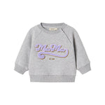 Grå sweatshirt til børn med lilla og guld broderet logo foran
