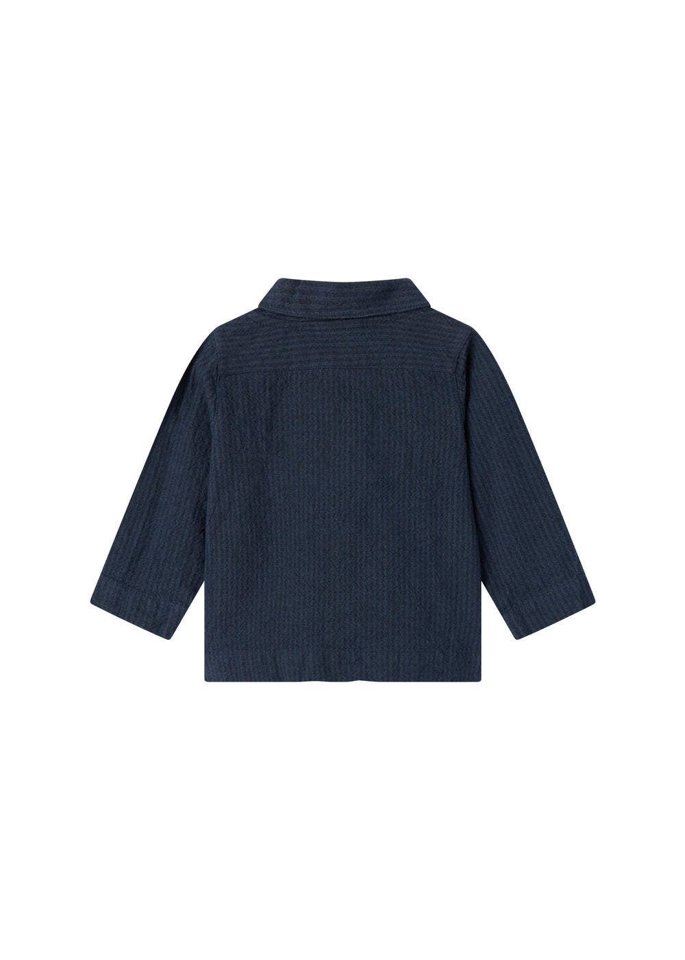 Mørkeblå stribet bluse til baby med lange ærmer, ryggen med synlig søm.