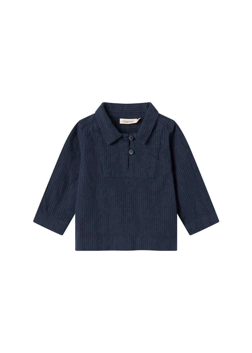 Mørkeblå stribet bluse til baby med krave og knaplukning foran, lange ærmer.