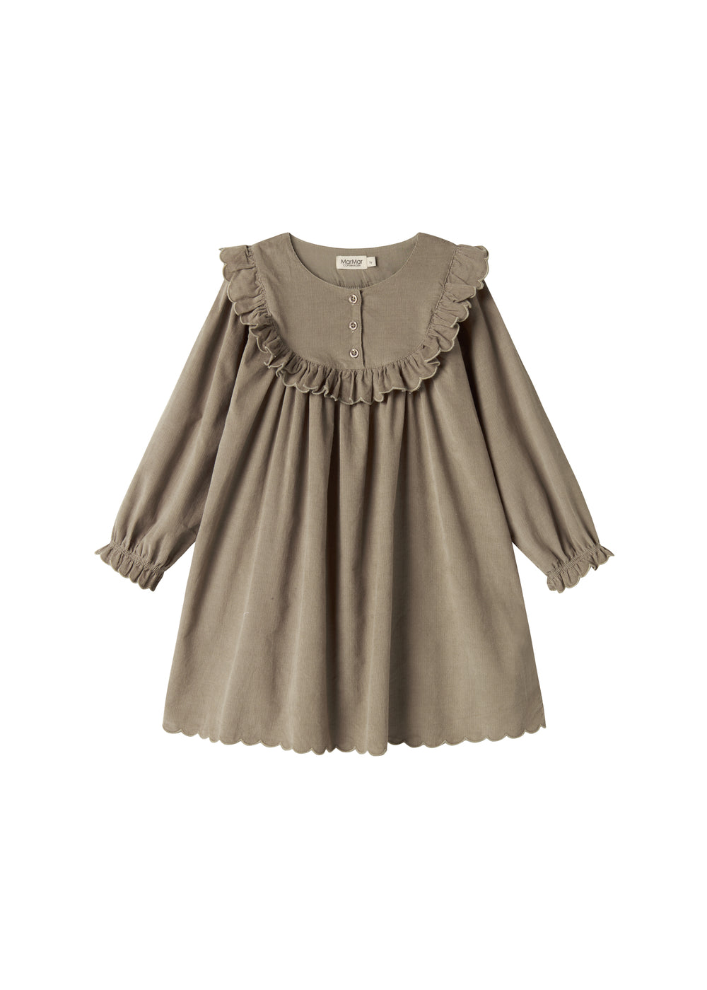 Beige babyfløjlskjole med lange ærmer, flæser og bølgekant til børn