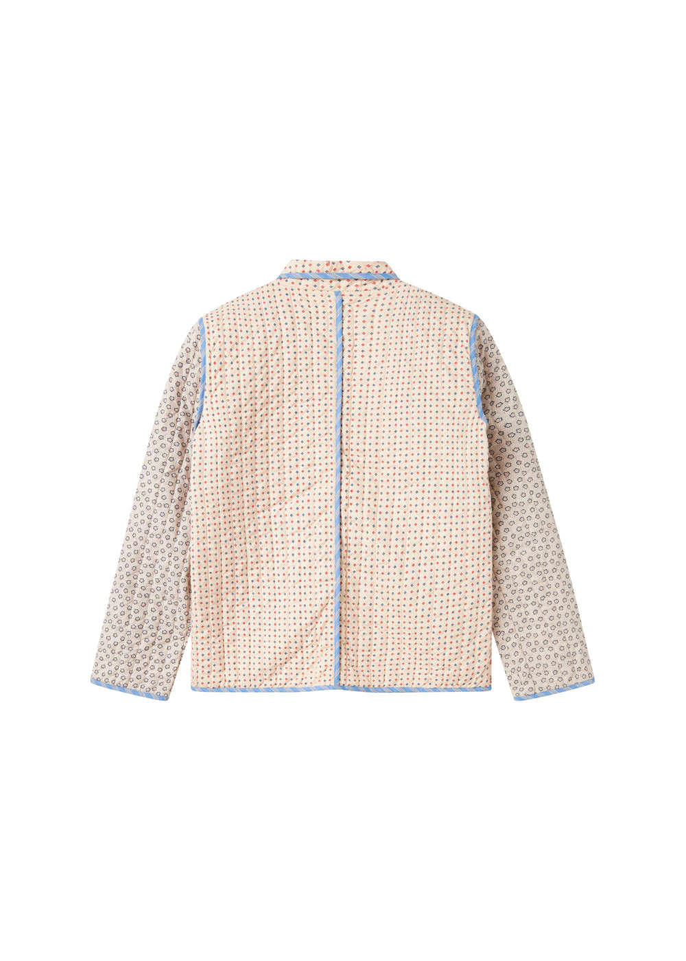 Jakke med beige mikromønster og blå lynlås, set bagfra