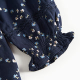 Mørkeblå bluse til børn med blomstermønster og lange ærmer