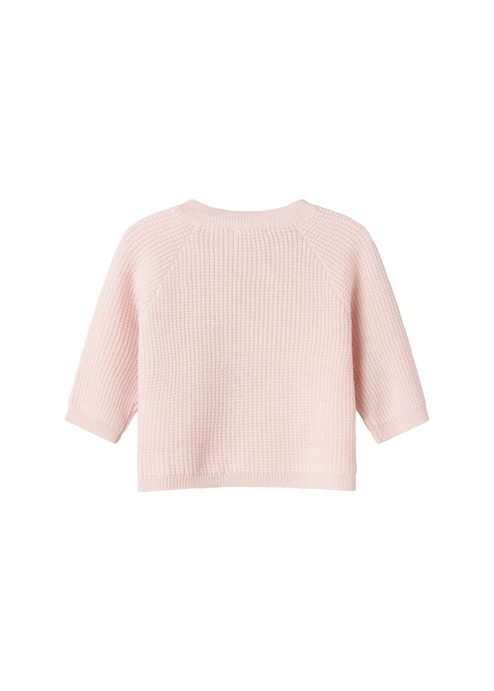 Lys rosa striktrøje med rund hals og lange ærmer, set bagfra