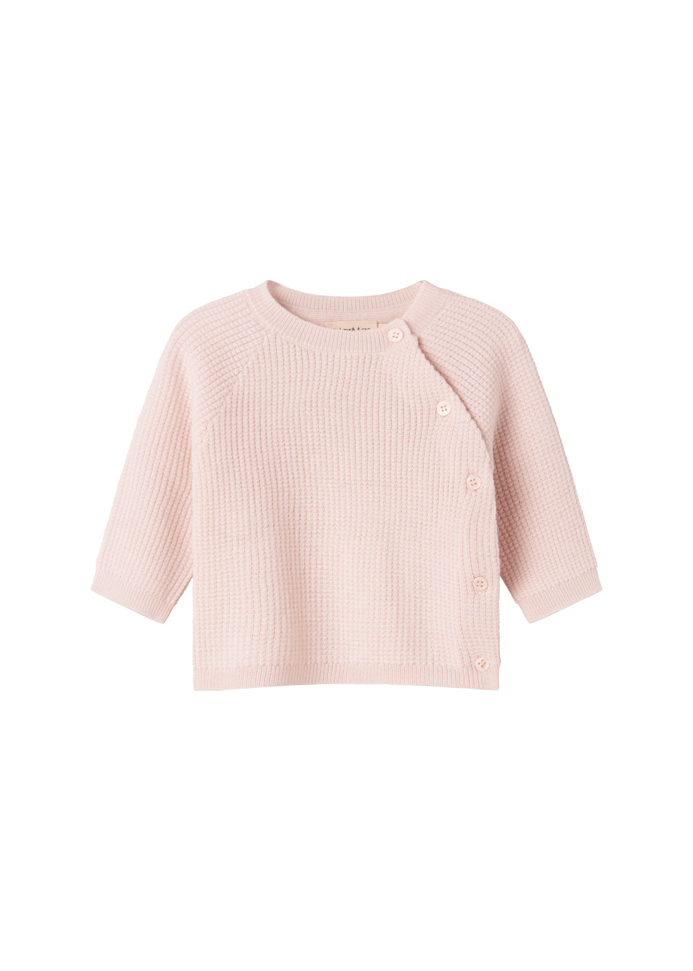 Lys rosa striktrøje til baby med rund hals, knapper i front og lange ærmer
