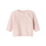 Lys rosa striktrøje til baby med rund hals, knapper i front og lange ærmer