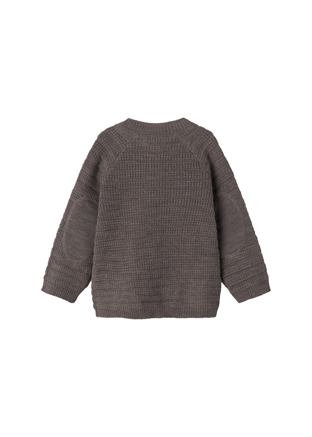 Strikket cardigan i mørk brun set bagfra med ribkant og knapdetaljer
