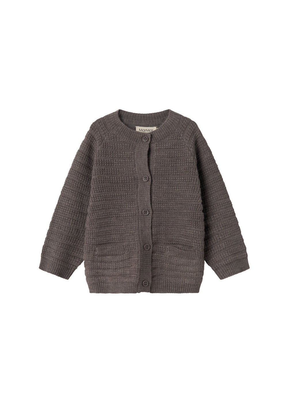 Strikket cardigan i mørk brun med knaplukning og ribkant ved ærmer og nederdel
