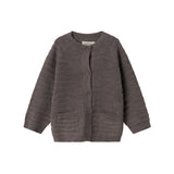 Strikket cardigan i mørk brun med knaplukning og ribkant ved ærmer og nederdel