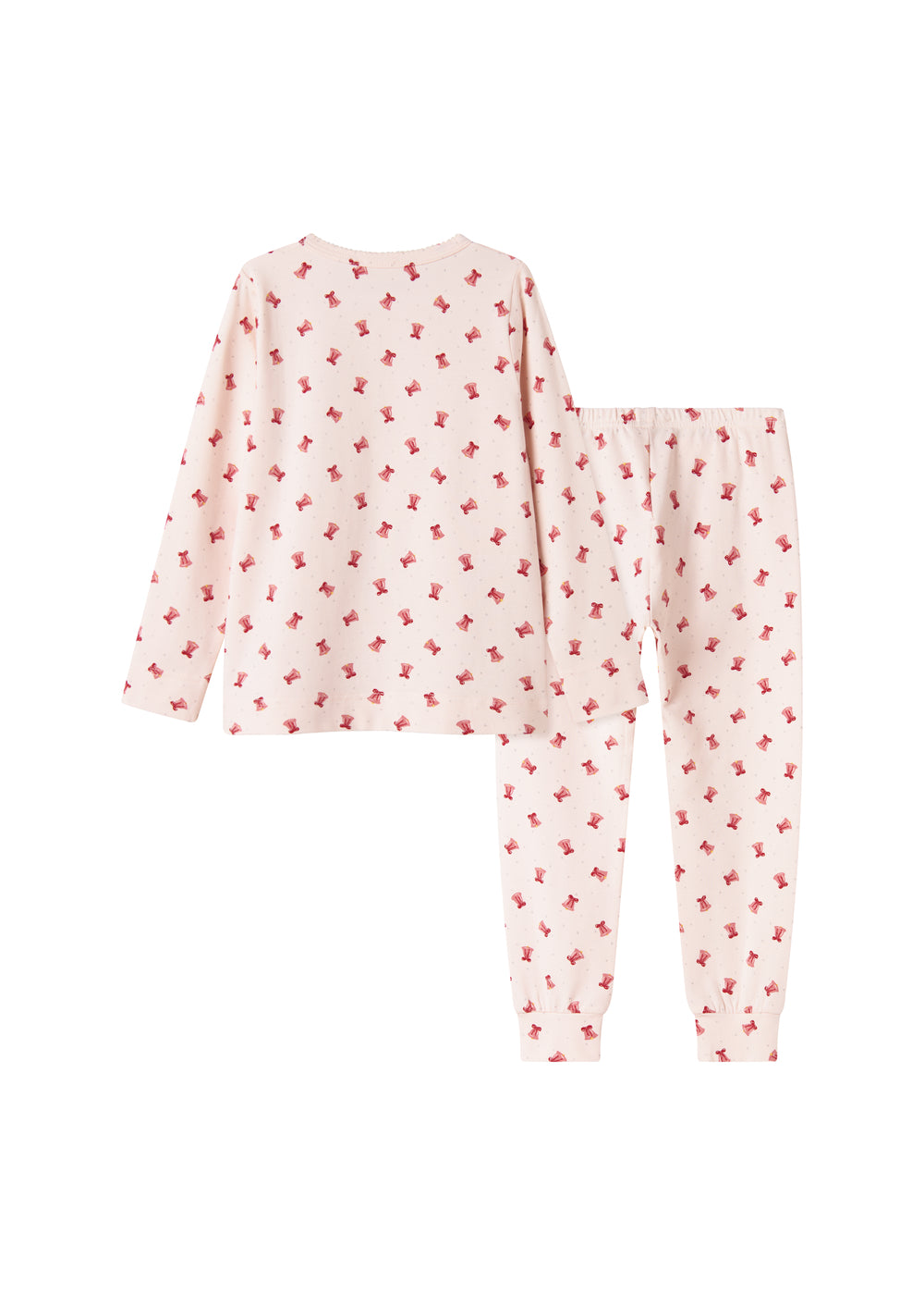 Cremefarvet julepyjamas med mønster af røde juleklokker til børn