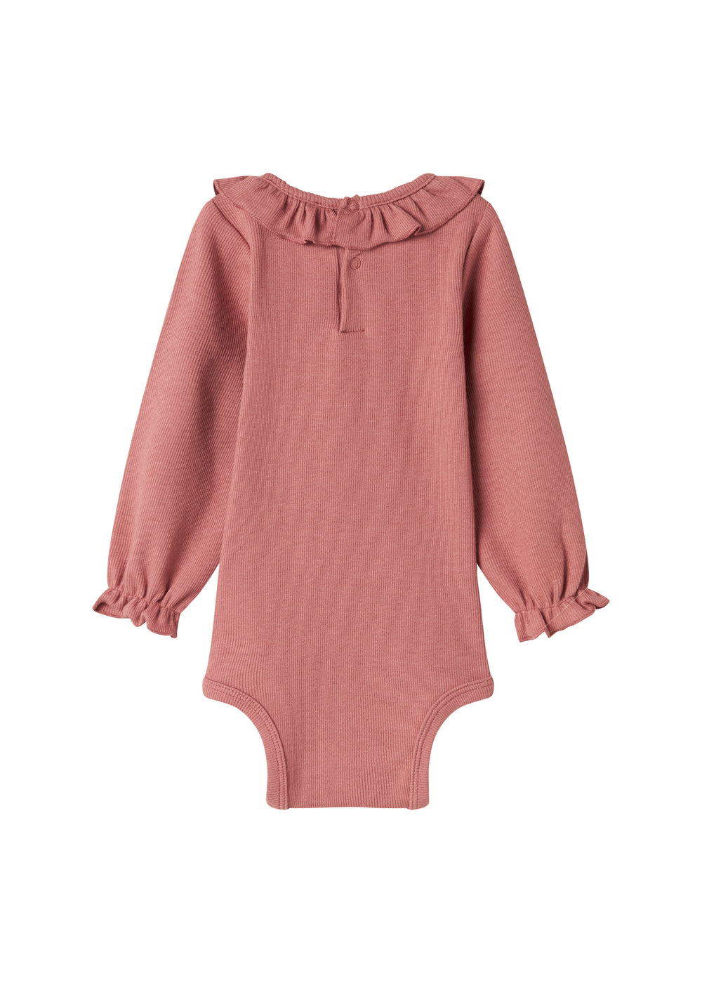 Støvet rosa ribstrikket babybody med flæsekrave og lange ærmer